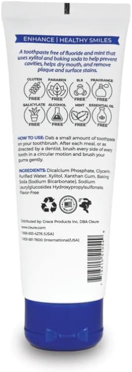 Cleure Original No Fluoride Toothpaste - SLS Free, Mint Free - with Xylitol for Fresh Breath & Helps Whiten - for Kids & Adults - Flavor Free (4oz Tube)