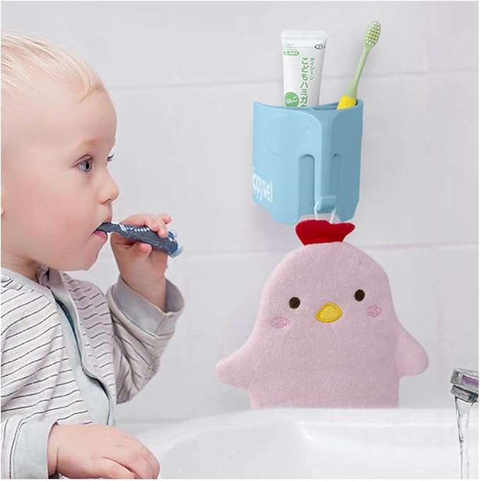 Kids Toothbrush Holder, Cute Elephant Toothbrush Holders for Toddler, Toothbrush Toothpaste Holder for Bathroom, Toothbrush Organizer with 3 Slots and a Hook, Blue