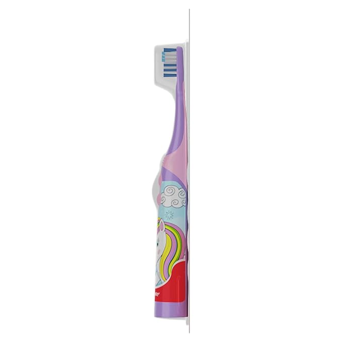 Colgate Kids Battery Powered Toothbrush, Kids Battery Toothbrush with Included AA Battery, Extra Soft Bristles, Flat-Laying Handle to Prevent Rolling, Unicorn Toothbrush, 1 Pack