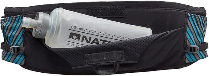 Nathan Running Belt Pinnacle Hydration Waistbelt/WaistPack. Includes Soft Flask, Storage, Zipper Pocket. For Running, Hiking Fanny Pack. No Bounce! (L/XL, Black/Blue)-StrideForce Fitness