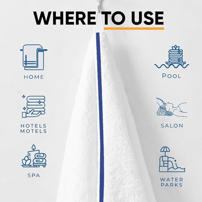 Blue Center Stripe 120 Bulk Towels (22x44) – Economical Soft & Absorbent Bulk Pool Towels for Hotels - Lightweight & Quick Drying White Bath Towels Bulk for Gym & Salon - Durable & Fade Resistant-StrideForce Fitness