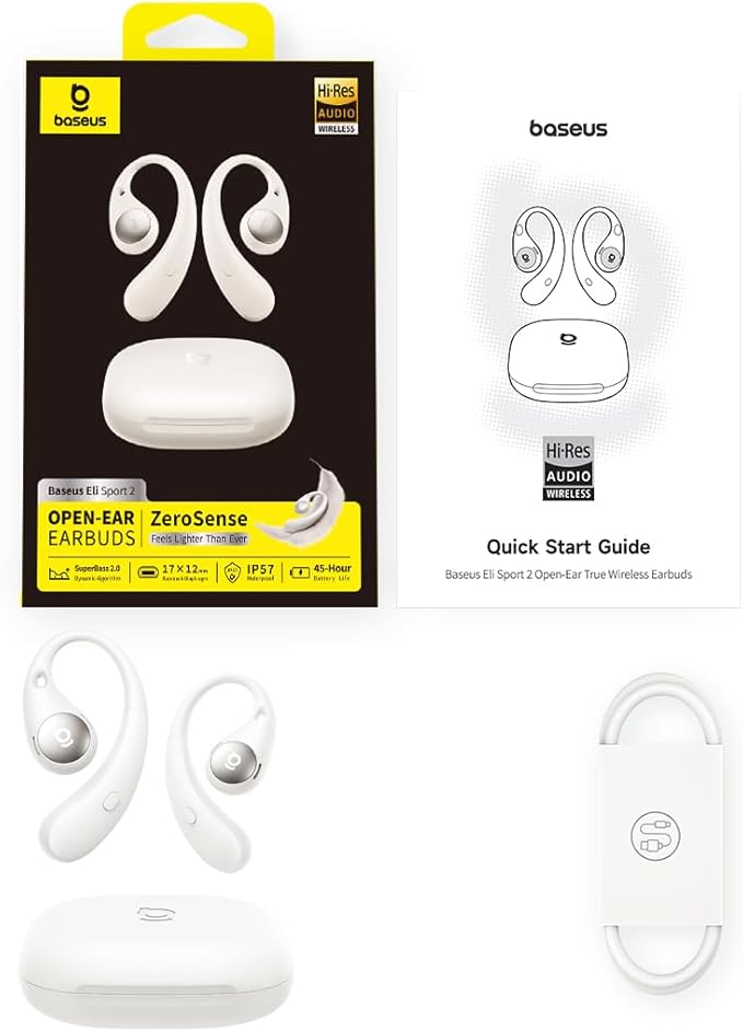 Baseus Eli Sport 2 Open-Ear Headphones Wireless Earbuds,Secure Earhook Sport Design,Ultra-Comfort,4-Mic Clear Calls, IP57 Waterproof,45H Play, Bluetooth 6.0 Earhook Fit Running Workout Gym -White-StrideForce Fitness