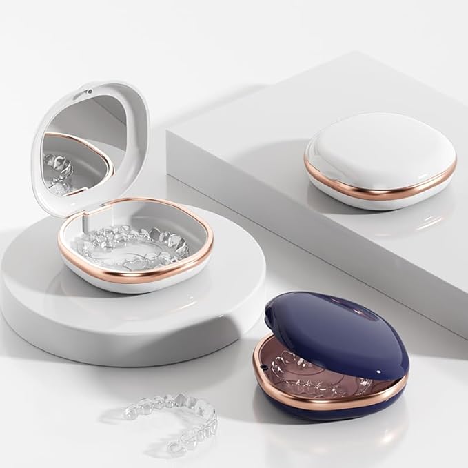 Denture Case with Mirror, Portable Retainer Case for Braces, Mouth Guards, Orthodontic Retainers, Compact, Stylish, and Travel-Friendly Denture Box (Navy blue)