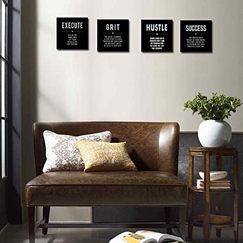 Motivational Grit Success Execute Hustle Quotes Canvas Wall Art -Inspirational Office Wall Art Poster Quotes - Canvas Artwork Picture Print Framed for Home Bedroom Office Wall Decor-12 x12 x4pcs-StrideForce Fitness