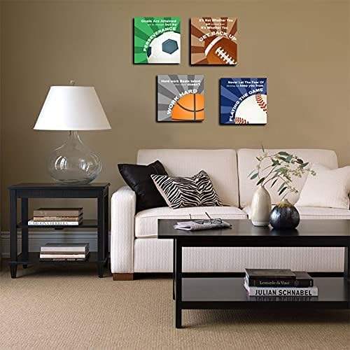 KaiLeFu-Colorful Sports Inspirational Quotes Framed Canvas Wall Art -Motivational Basketball Baseball Soccer Football Quotes Sport Art Wall Decor for Kids Boys Room Classroom -12"x12"x4pcs-StrideForce Fitness