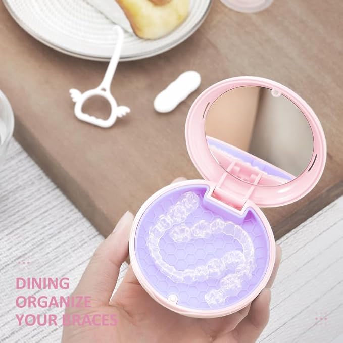 Retainer Case with Mirror,Slim Aligner Case with Vent Holes,Cute Dental Brace Box with Retainer Removal Tool and Brush (Pink)