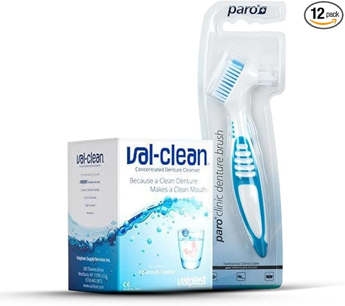 Yourdent-USA Val-Clean Concentrated Denture Cleaner & Paro Clinic Dual-Head Denture Brush Set – 1-Year Supply for Effective Cleaning of Dentures, Retainers & Night Guards