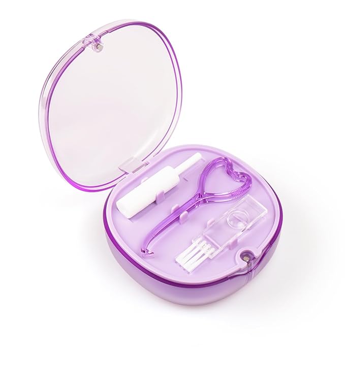 Double Layer Retainer Case Portable Aligner Case for Orthodontics Build In Mirror With Removal Tool, Chewies & Cleaning Brush, Travel Retainer Case Kit (purple)