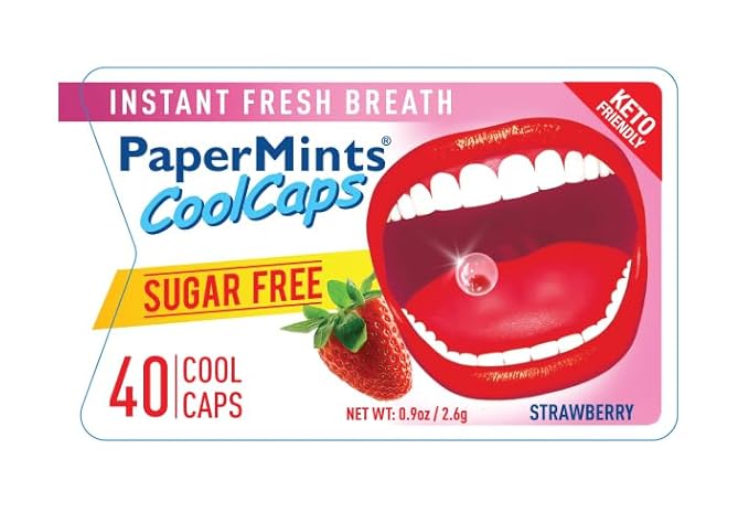Papermints CoolCaps Breath Mints Sugar Free for Bad Breath Strawberry 24 pack – 960 mints. Extreme bad breath treatment for adults. Breath Freshener Sugar Free Mints.