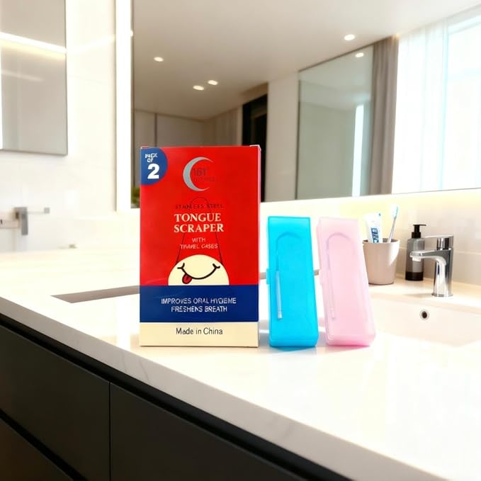 New Tongue Scraper for Adults with Multicolor Travel Cases (2 Pack), 100% Stainless Steel, Reduce Bad Breath, Tongue Scrubber, Oral Care & Hygiene (181 Degrees)