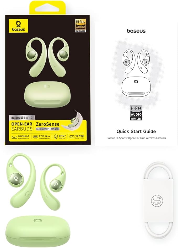 Baseus Eli Sport 2 Open-Ear Headphones Wireless Earbuds,Secure Earhook Sport Design,Ultra-Comfort,4-Mic Clear Calls, IP57 Waterproof,45H Play, Bluetooth 6.0 Earhook Fit Running Workout Gym -Green-StrideForce Fitness