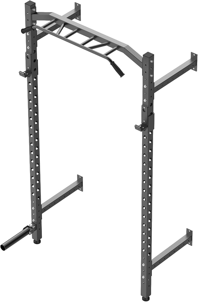 1600LB Wall Mounted Power Rack, Commercial Squat Rack for Home Gym with Multi-Grip Pull Up Bar, j-Cups & Landmine Attachment for Home and Garage Gym-StrideForce Fitness