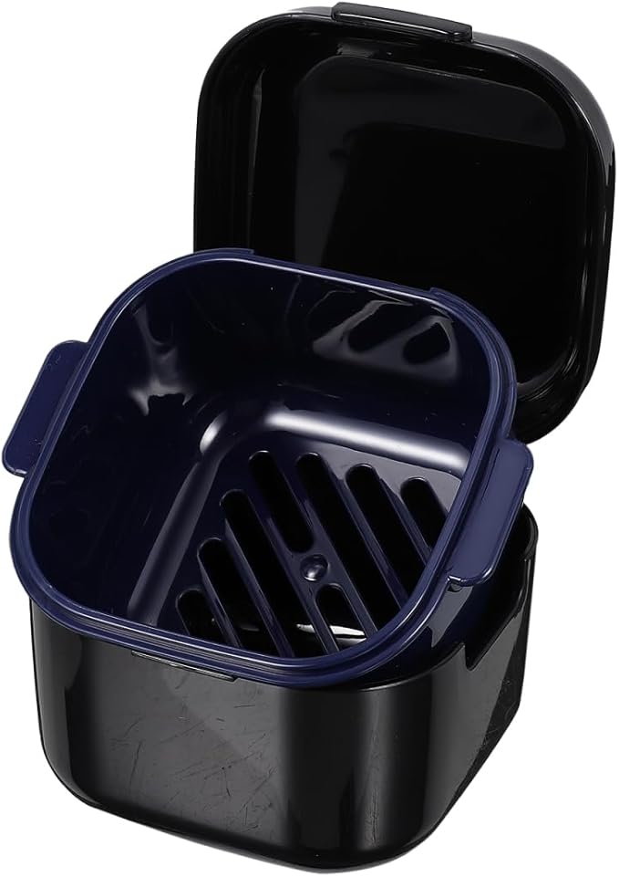 Yardwe Denture Bath Case Cup Box Portable False Teeth Holder Storage Soak Container Orthodontic Retainer Case with Strainer Basket for Travel Cleaning Black