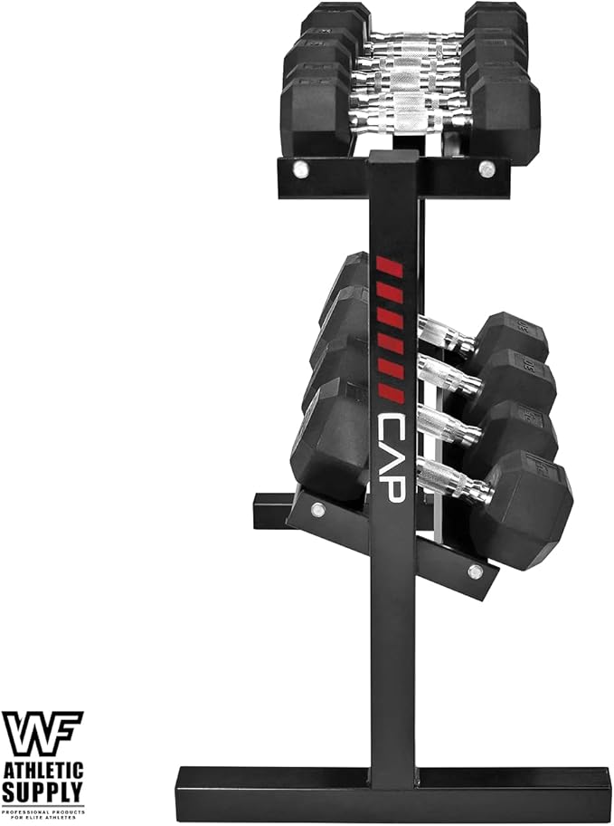 WF Athletic Supply Rubber Coated Hex Dumbbell Set with Two Tier Premium Storage Rack Built for Strength Building, Weight Loss & Home Gym ??Multiple Sets Available