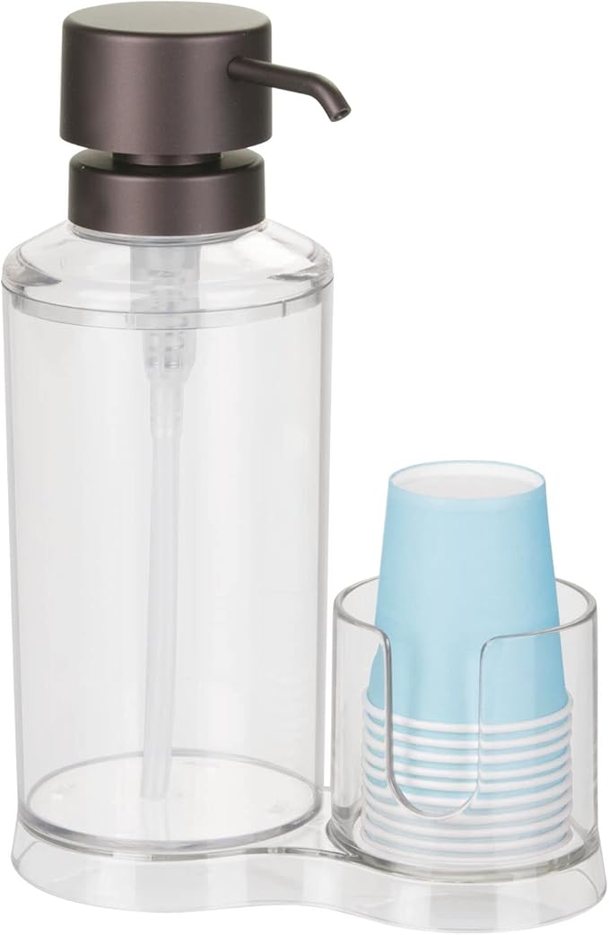 mDesign Plastic Refillable Mouthwash Dispenser and Cup Storage Organizer for Bathroom Vanity, Countertop, Cupboard - Includes 8 Paper Cups - Lumiere Collection - Clear/Bronze