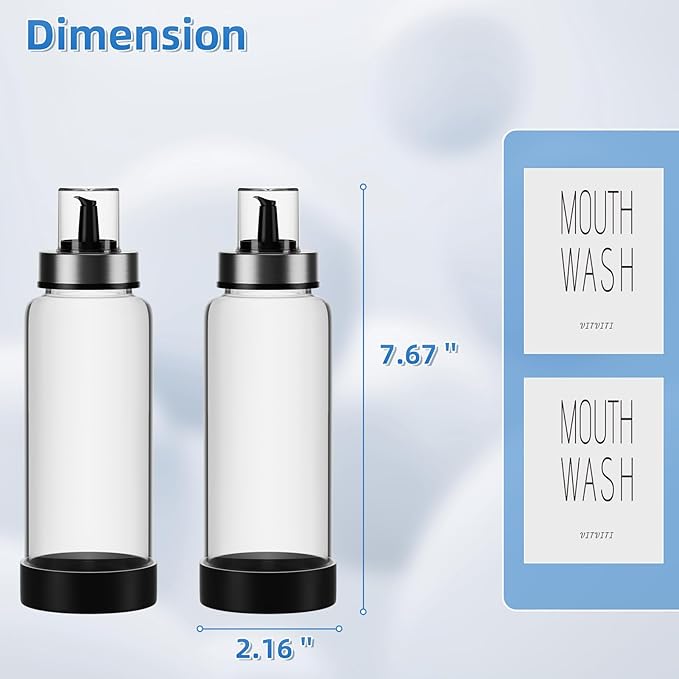 VITVITI 10OZ Mouthwash Dispenser for Bathroom, Glass Mouth Wash Container with Cup Lid, Clear Refillable Mouthwash Bottle Decanter with Silicone Pad/Labels, Set of 2