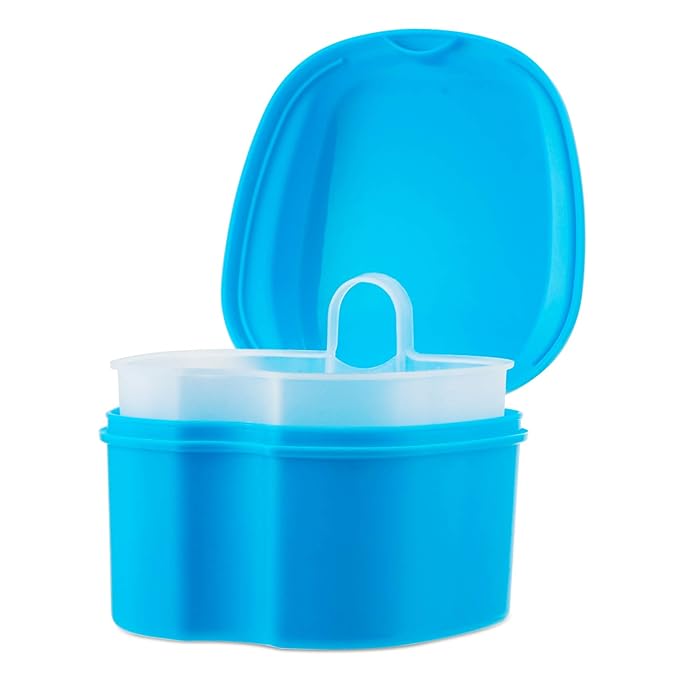Dental Orthodontic Retainer Case Cleaning with Strainer Basket, Denture Bath Box Soaking Cup Mouthguard Storage Holder - Blue