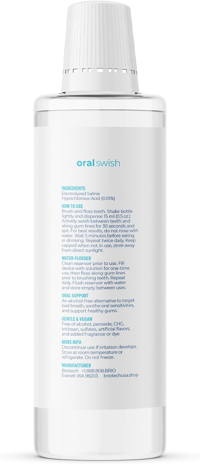 BRIOTECH Oral Swish, Hypochlorous Acid Mouthwash Rinse, Gentle Oral Care Hygiene, Fight Bad Breath, Support Against Plaque, Gum Irritation & Tender Gums, Alcohol & Fluoride Free, 17 fl oz (2 Pack)