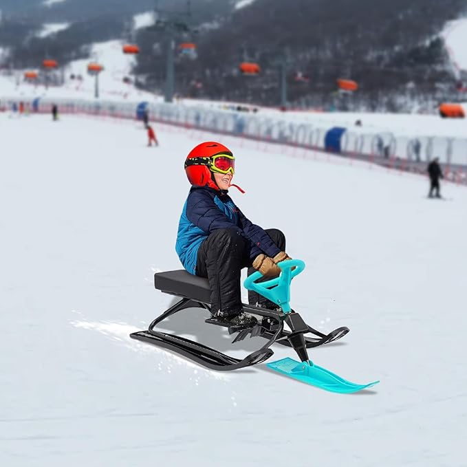 Snow Racer Sled with Steering Wheel and Brakes, Durable Steel Frame, Downhill Steerable Sled for 220 LBS Kids, Teenagers, Adults-StrideForce Fitness