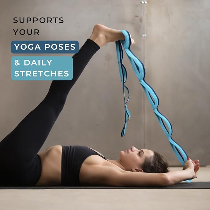 California Yoga Strap | Yoga Belt with Loops | 12 Multi Loop & Non-Elastic | Stretching Strap | Gym Workout & Exercise Bands | Physical Therapy | Improves Sitting Posture for Women & Men-StrideForce Fitness