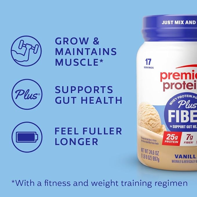 Premier Protein Powder Plus Fiber, 25g Protein, 7g Fiber, Vanilla, No Added Sugar,17 Servings-StrideForce Fitness