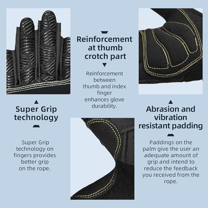 Seibertron Full or Half Finger Padded Palm Lightweight Breathable Climbing Rope Gloves for Climbers, Rock Climbing, Rescue, Adventure, Sailing, Kayaking, Outdoor Sports-StrideForce Fitness