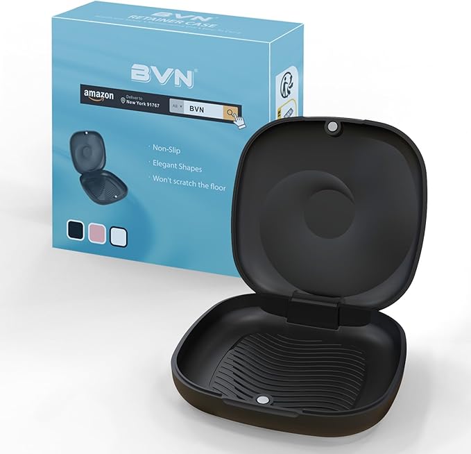 BVN Magnetic Seal Slim Orthodontic Dental Case with Unique Conch Texture, Portable Storage Holder for Braces, Teeth Aligner, Retainer, Mouth Guard, Night Guard & Denture - Black