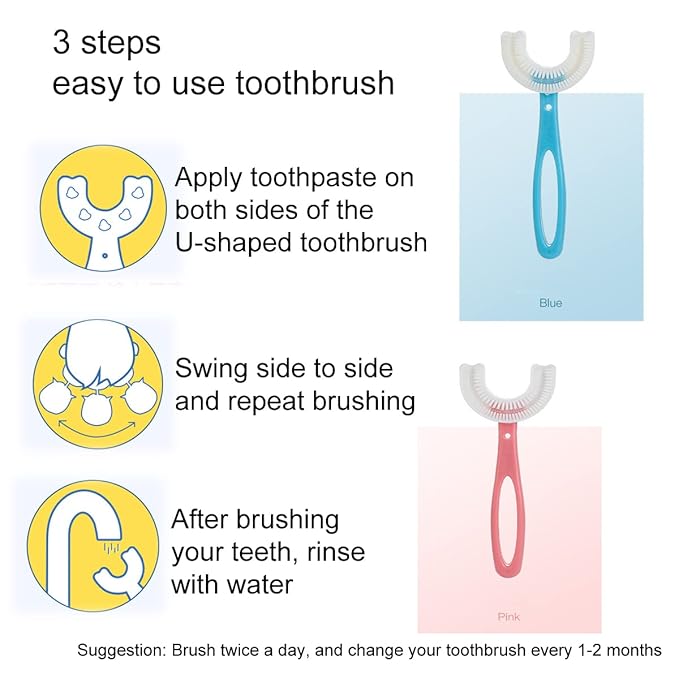 2 PCS U-Shaped Kids Toothbrush, Soft Manual Training Toothbrush for Kids 6-12 Years (Pink +Blue)
