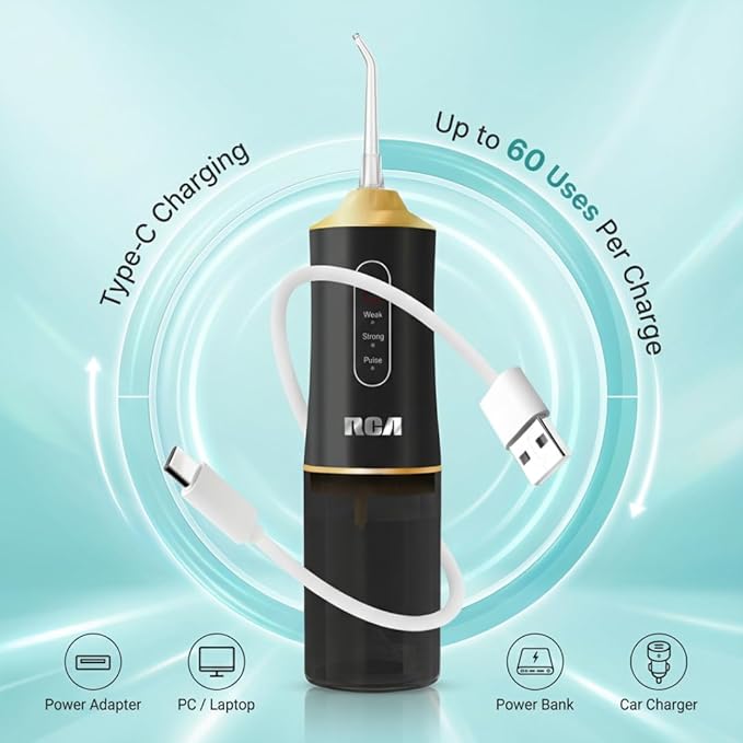 RCA Portable Water Flosser for Teeth & Gums β Cordless Rechargeable Oral Irrigator with 3 Pressure Levels, 4 Jet Tips & USB Tank β Travel Water Flosser for Teeth Cleaning (Black)