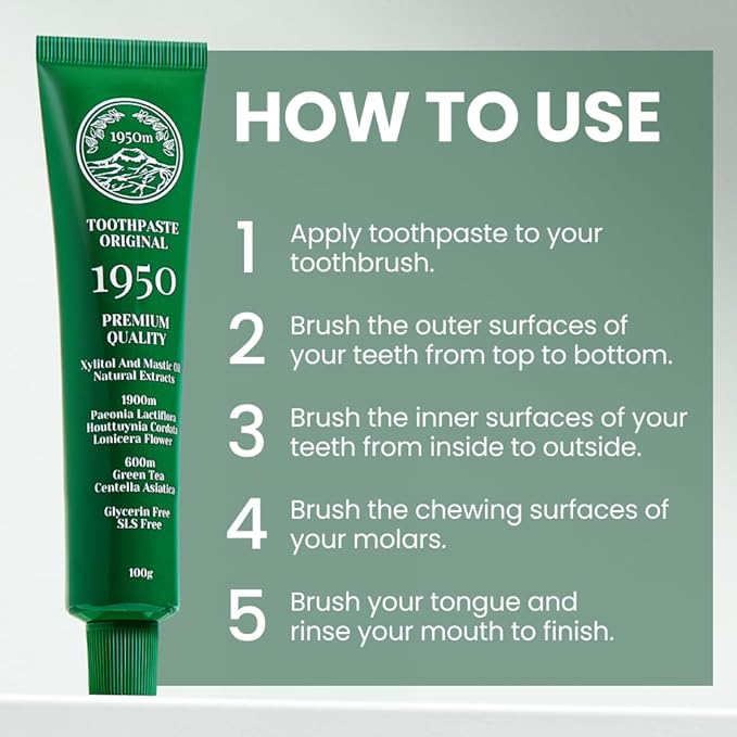 1950 Jeju Original Green Tea Toothpaste, Fluoride-Free Natural Formula with Hydroxyapatite, Sensitive Teeth, Gum Care, Whitening, Remineralizing, SLS-Free, 100g