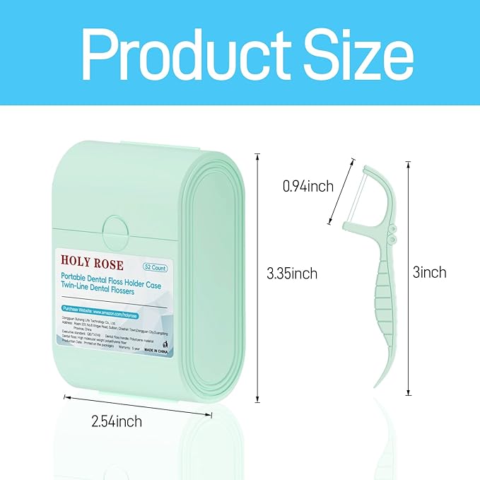Holy Rose Dental Floss Case with Twin Line Flosser 104 Count-Green, Travel Dispenser for Floss Picks and Toothpick, Mint Flavored, Portable Flossers is Oral Care Tool for Teeth