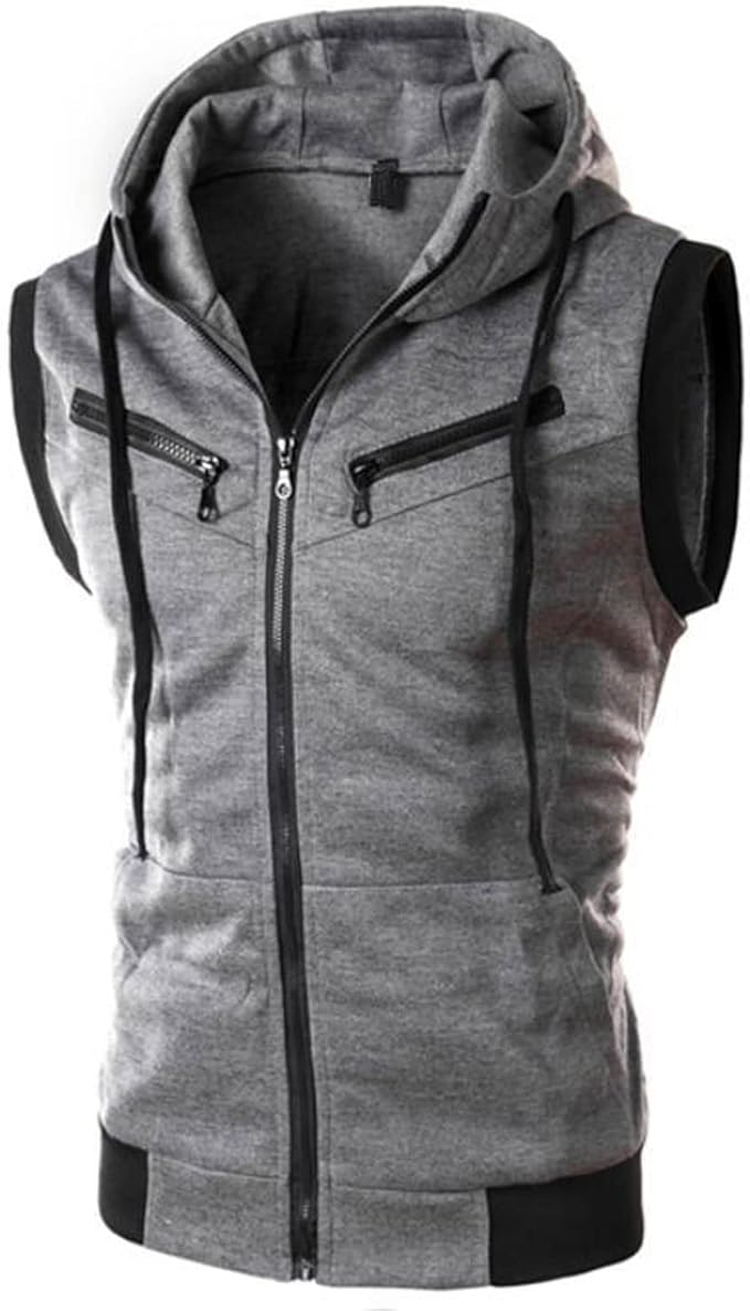 Previn Men's Sleeveless Hoodie Casual Slim Fit Zip Up Drawstring Plain Tank Top Hooded Vests