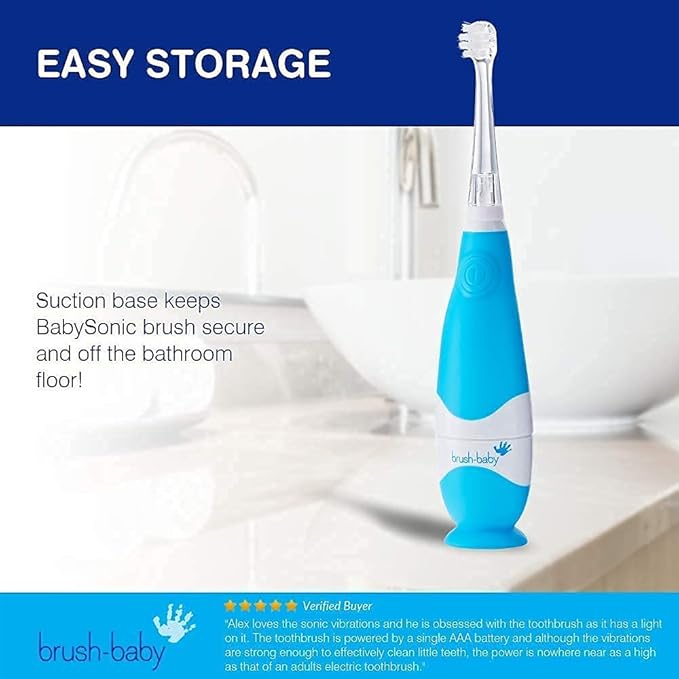 brush-baby - BabySonic Blue Electric Toothbrush, 0-36 Months - Soft, Gentle Vibrating Toothbrush for Sensitive Gums & New Teeth - with LED Light & Suction Base - Baby & Toddler Brush Heads