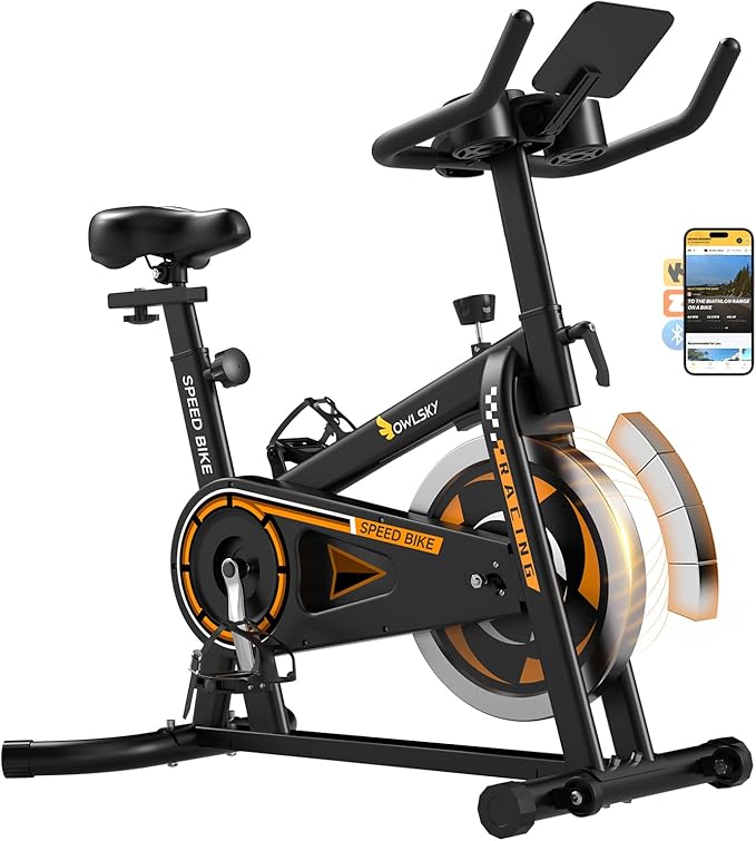 OWLSKY Exercise Bike with APP, Magnetic Resistance Indoor Cycling Bike, 300 lbs Capacity Quiet Stationary Bike for Home Gym Cardio Workout, Adjustable Seat & Tablet Holder-StrideForce Fitness