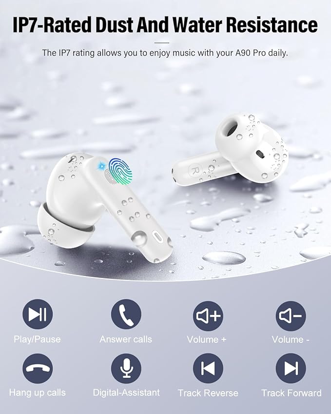Wireless Earbuds, Bluetooth 5.4 Headphones Bass Stereo, Ear Buds with Noise Cancelling Mic, IP7 Waterproof in Ear Earphones, 36H LED Display Bluetooth Earbuds for Laptop Pad Phones Sports, White-StrideForce Fitness