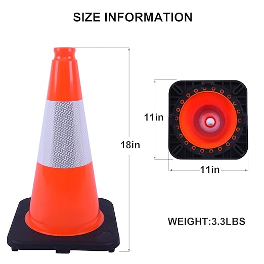 OrangeStar 4-Pack 18" Traffic Cones with Weighted Rubber Base, 6" Reflective Collar, Orange Safety Cones for Parking Lot, Road Construction, Warehouse, Highway, Weatherproof PVC-StrideForce Fitness