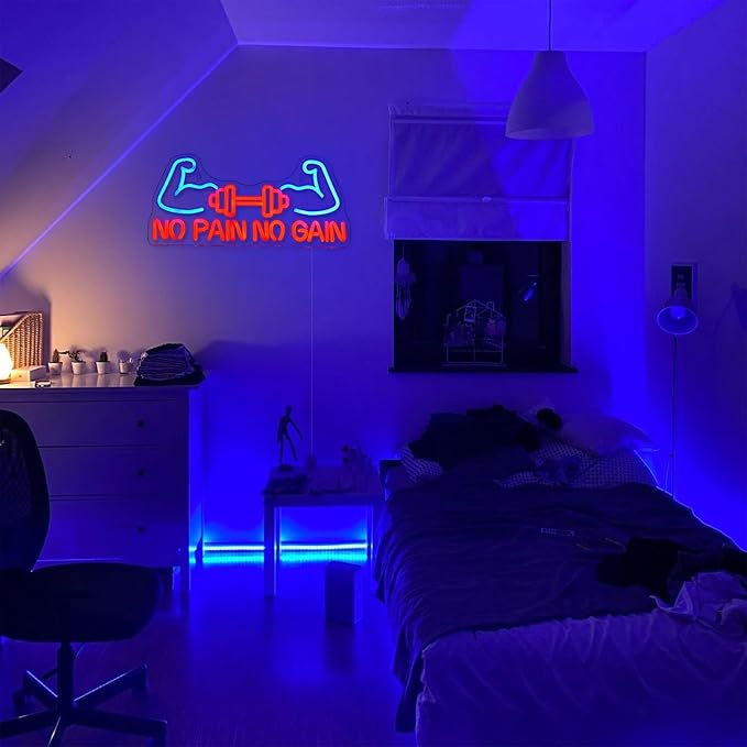 No Pain No Gain Neon Sign for Gym Decor Gym Neon Light Muscle Led Neon Sign Dumbbell LED Neon Light Weightlifting Neon Lights Fitness Club Neon Signs for Gym Fitness Club Store Decoration-StrideForce Fitness