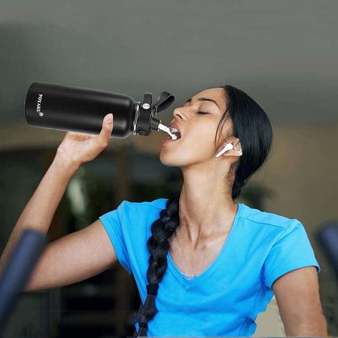 Water Bottle Insulated 32oz 40oz 64oz 128oz Straw Lid Spout Lid & 3 Lids, Leak Proof, Vacuum Insulated,Stainless Steel Water Bottle Wide Mouth for Sports, Gym or Office-StrideForce Fitness