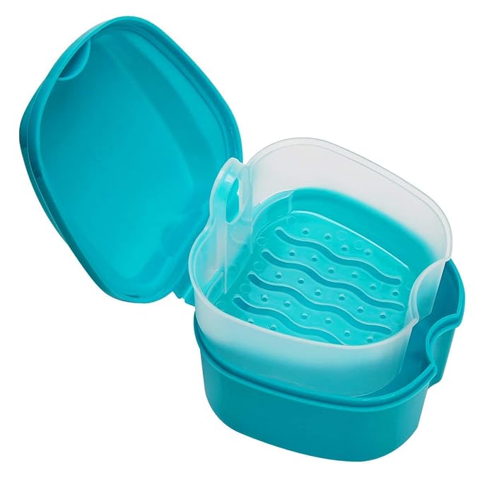 Coolrunner Denture Case, Denture Cup with Strainer, Denture Bath Box False Teeth Storage Box with Basket Net Container Holder for Travel, Retainer Cleaning (Green)