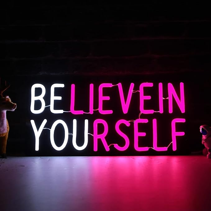 Believe in Yourself Neon Sign USB Powered for Room Decor, LED Neon Light Sign Dimmable for Kids Bedroom Office Bar Wall Art Birthday Gift 16 * 7.5 Inches Pink-StrideForce Fitness