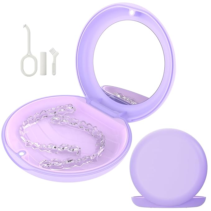 Retainer Case with Mirror, Compatible with Invisalign, Cute Slim Orthodontic Aligner Case with Silicone Pad, Purple