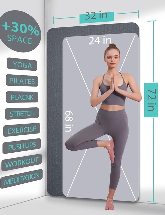 Yoga Mat Double-Sided Non Slip, 72'' x 32'' x 7mm - Extra Wide & Thick Yoga Mat for Women Men Kids, Professional TPE Yoga Mats for Home Workout, Yoga, Pilates and Floor Exercise, with Carrier Strap