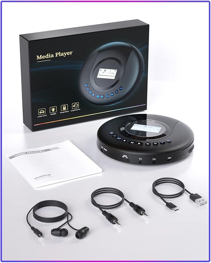 ARAFUNA Portable CD Player Bluetooth with FM Radio, 2000mAh Rechargeable CD Player for Car with LCD Screen, Anti Shock Protection Compact Player with Headphone, AUX Cable-StrideForce Fitness