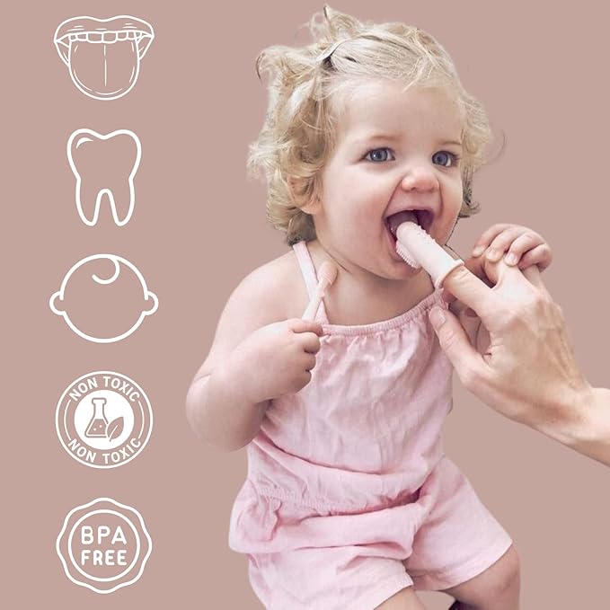 Ali+Oli Baby Oral Care Set (Blush) - Dual-Sided Finger Toothbrush x2, Tongue Scraper, Protective Case - BPA, Phthalate, PVC Free - Food-Grade Baby Care Products for Infants