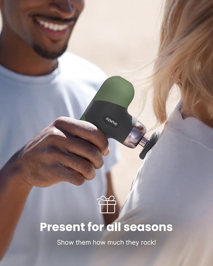 RENPHO Mini Thermal Massage Gun with Heat, Portable Deep Tissue Percussion Massager, Color Silicone Sleeves Travel Size with Carry Case, Olive Drab-StrideForce Fitness