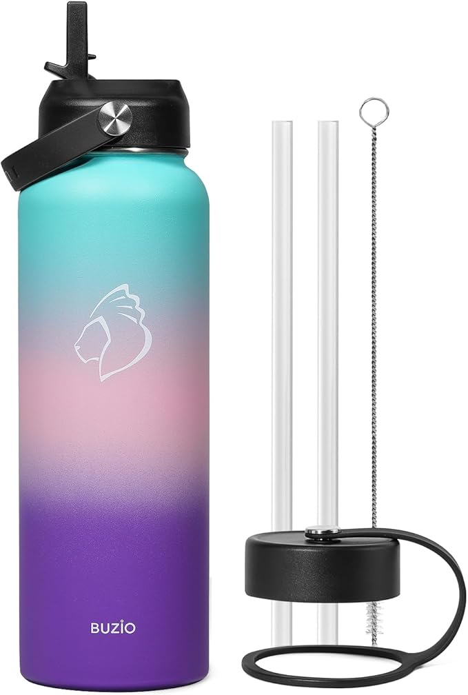 BUZIO 40oz Insulated Water Bottle, Stainless Steel Double Wall Water Flask (Cold for 48 Hrs) Leak Proof Sports Bottles Jug with Straw Lid and Flex Cap Metal Canteen for Gym Travel Camping, Hydrangea-StrideForce Fitness