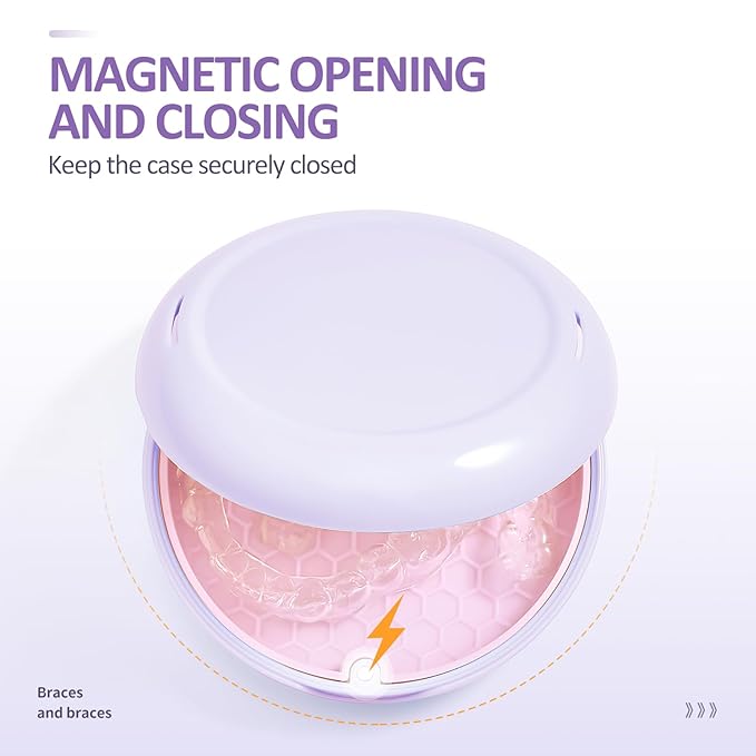 Retainer Case with Mirror and Lanyard,Slim Aligner Case with Vent Holes,Cute Dental Brace Box with Retainer Removal Tool and Brush (Purple Pink with Lanyard)