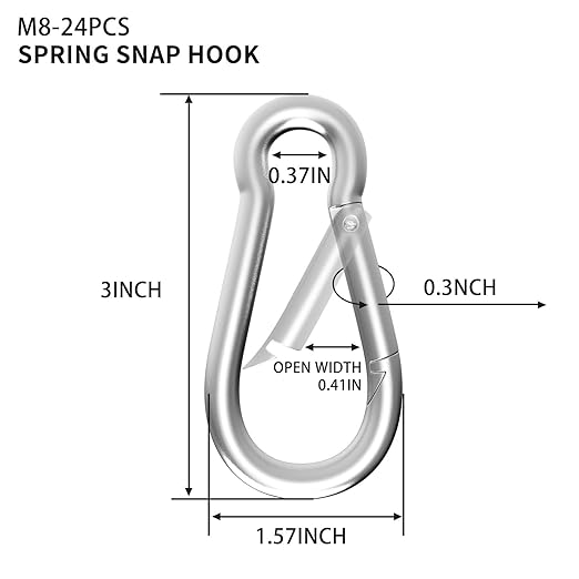 24PCS M8 Spring Snap Hook Carabiner, Heavy Duty Galvanized Steel 3Inch Carabiner Clip, 550LBS Holding Capacity Spring Clips for Hammock Swing Outdoor Travel-StrideForce Fitness