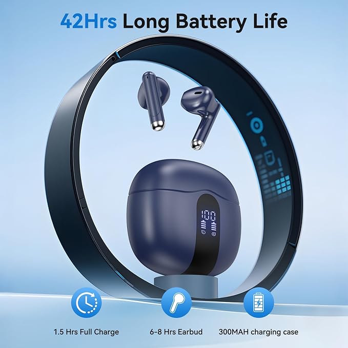 Wireless Earbuds, 2025 Bluetooth 5.4 Bass Stereo Headphones with 4 ENC Mic, 50H Playback Ear Buds with Charging Case LED Display,Sport Earphones IPX7 Waterproof for Phone, Android, Pad, Blue-StrideForce Fitness