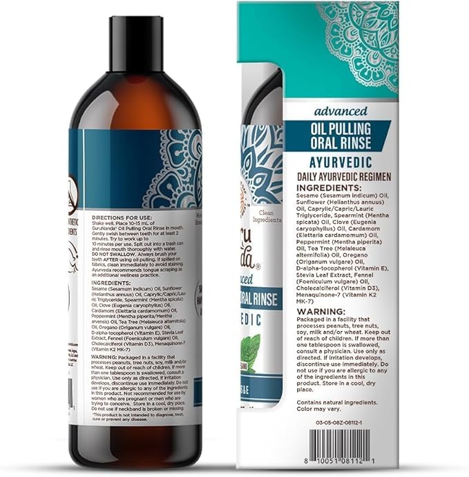 GuruNanda Advanced Oil Pulling Mouthwash for Enhanced Oral Care with Sesame & Oregano Oil, Promotes Deep Cleaning for Healthy Teeth & Gums, with Toothbrushes & Tongue Scrapers, Alcohol-Free, 3X8 Oz